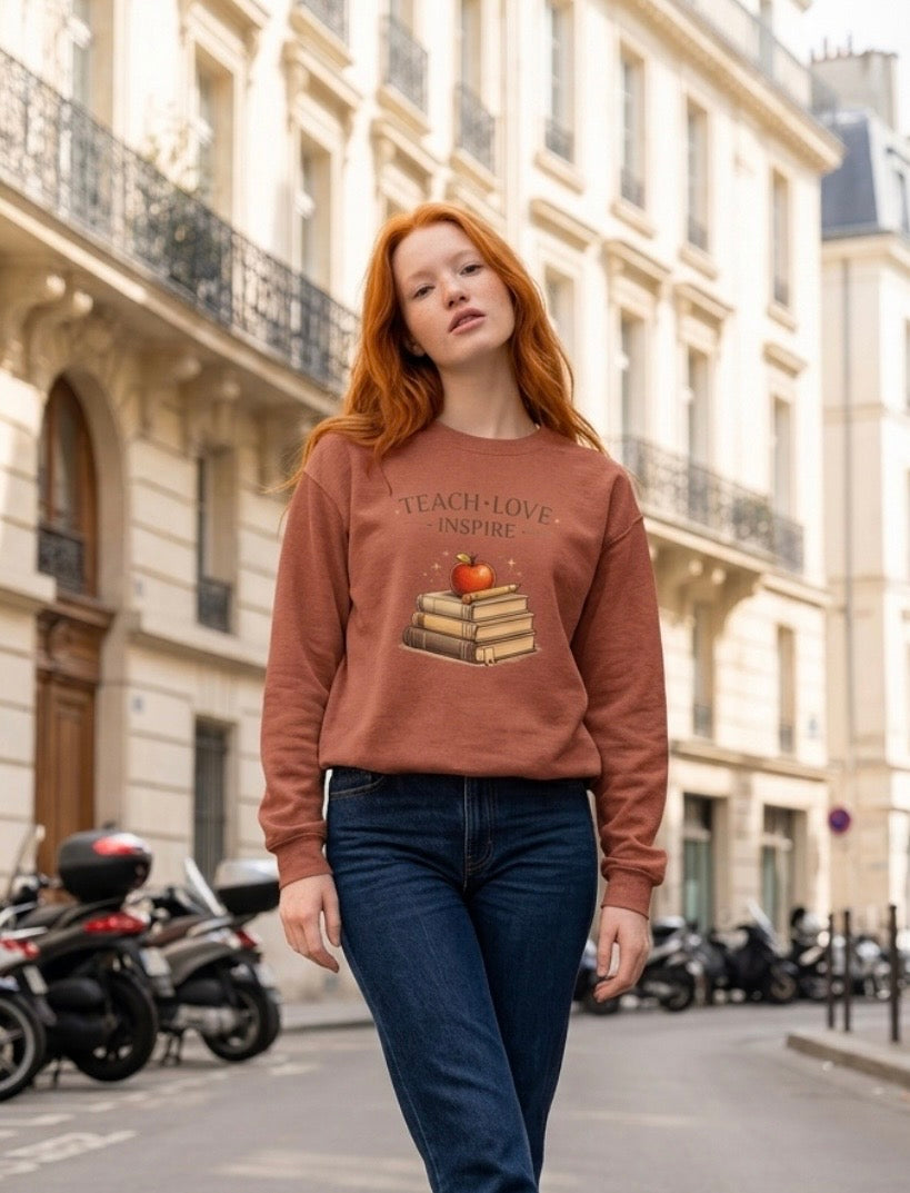 Teach Love Inspire Teacher Sweatshirt | Apple and Books Crewneck | Teacher Gift