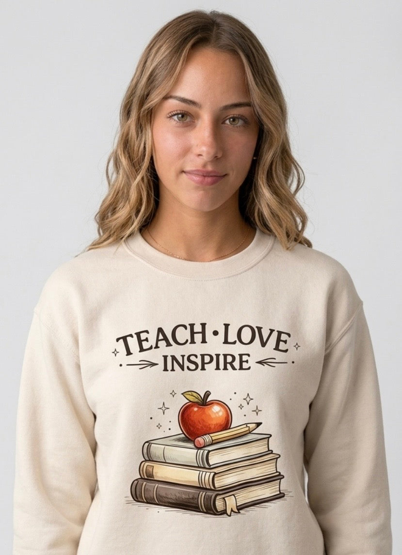 Teach Love Inspire Teacher Sweatshirt | Apple and Books Crewneck | Teacher Gift