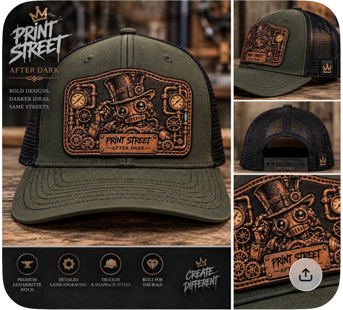 Print Street After Dark Steampunk Robot Patch Hat